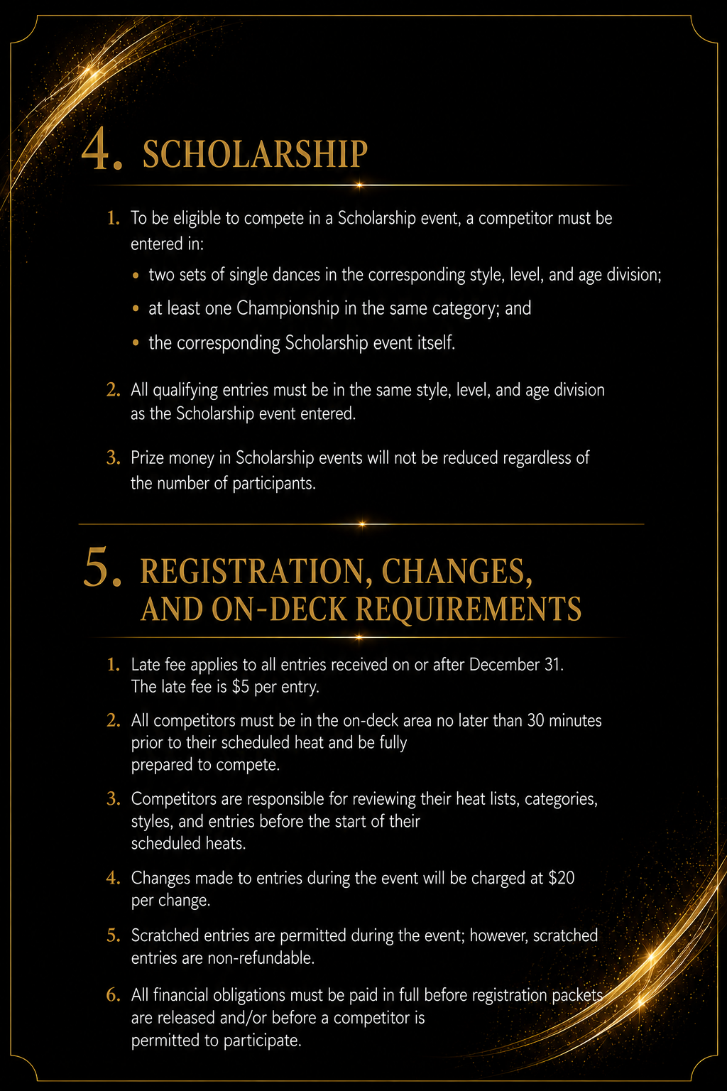 Competition Rules — Page 2: Scholarship, Registration, Changes & On-Deck Requirements