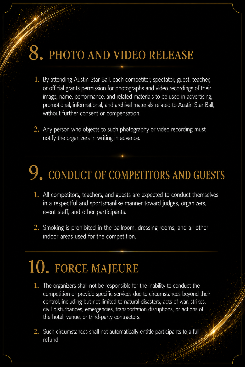 Competition Rules — Page 4: Photo & Video Release, Conduct, Force Majeure