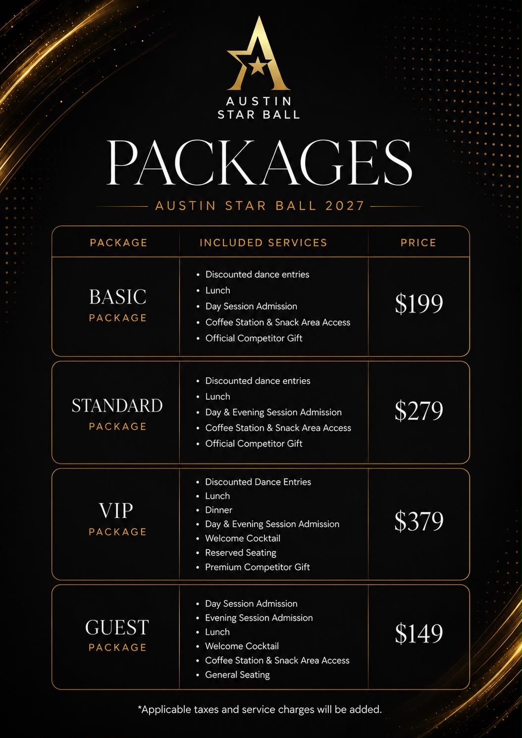 Austin Star Ball 2027 Packages — Basic $199, Standard $279, VIP $379, Guest $149