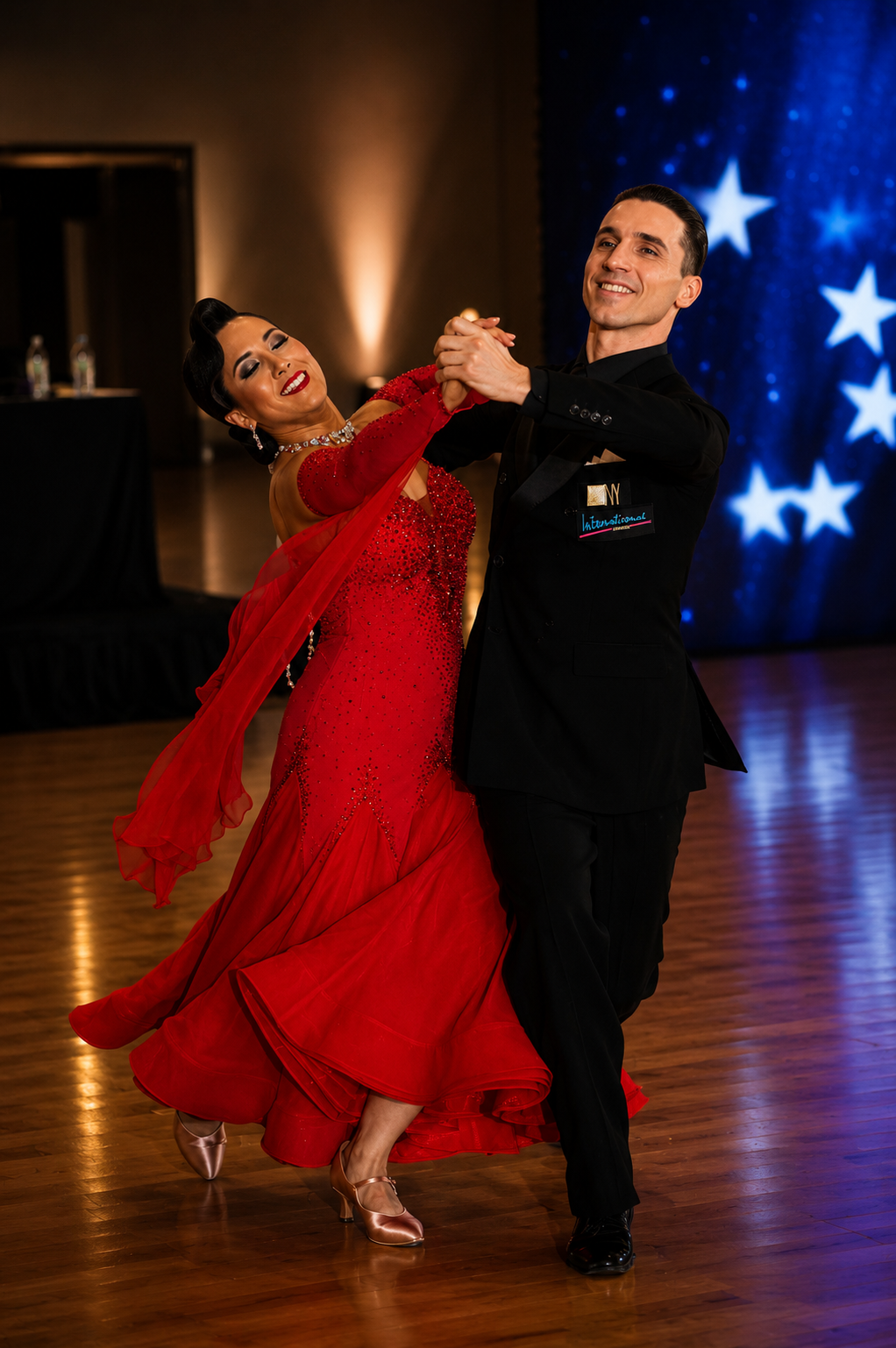 Couple — red ballroom gown